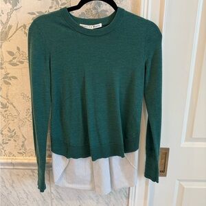 Veronica Beard Merino Wool Layered Sweater Shirt Green XS Cotton Poplin Hem